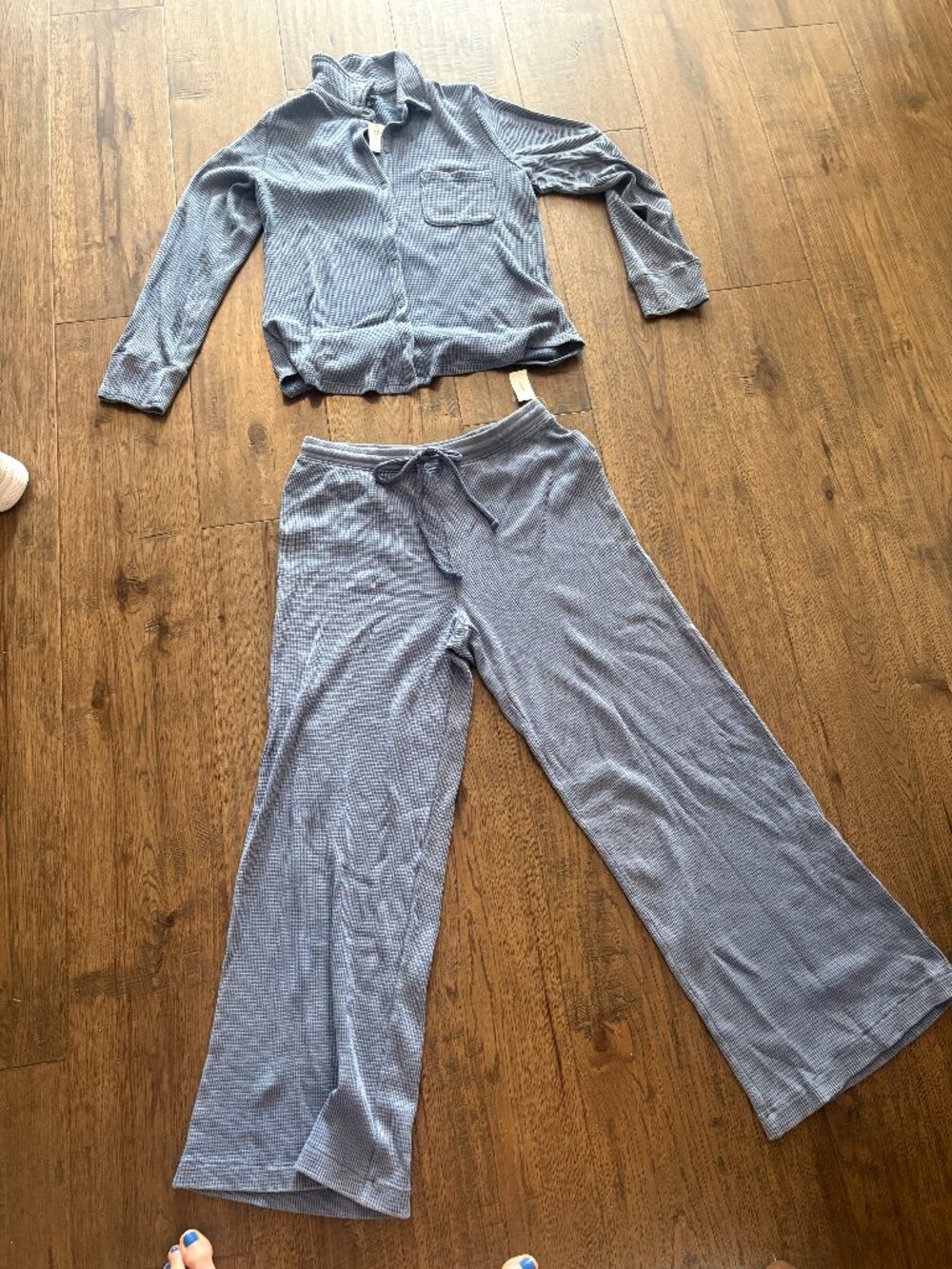 Gap Body Blue Waffle Knit Pajama Set - Wide Leg Lounge Pants & Button Down